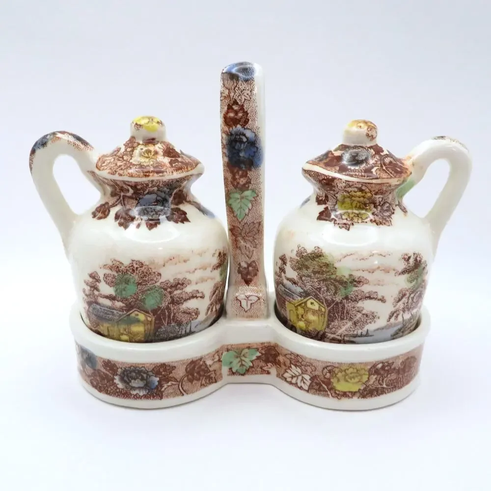 Vintage NASCO Mountain Woodland Salt Pepper Shakers Caddy Transferware Japan